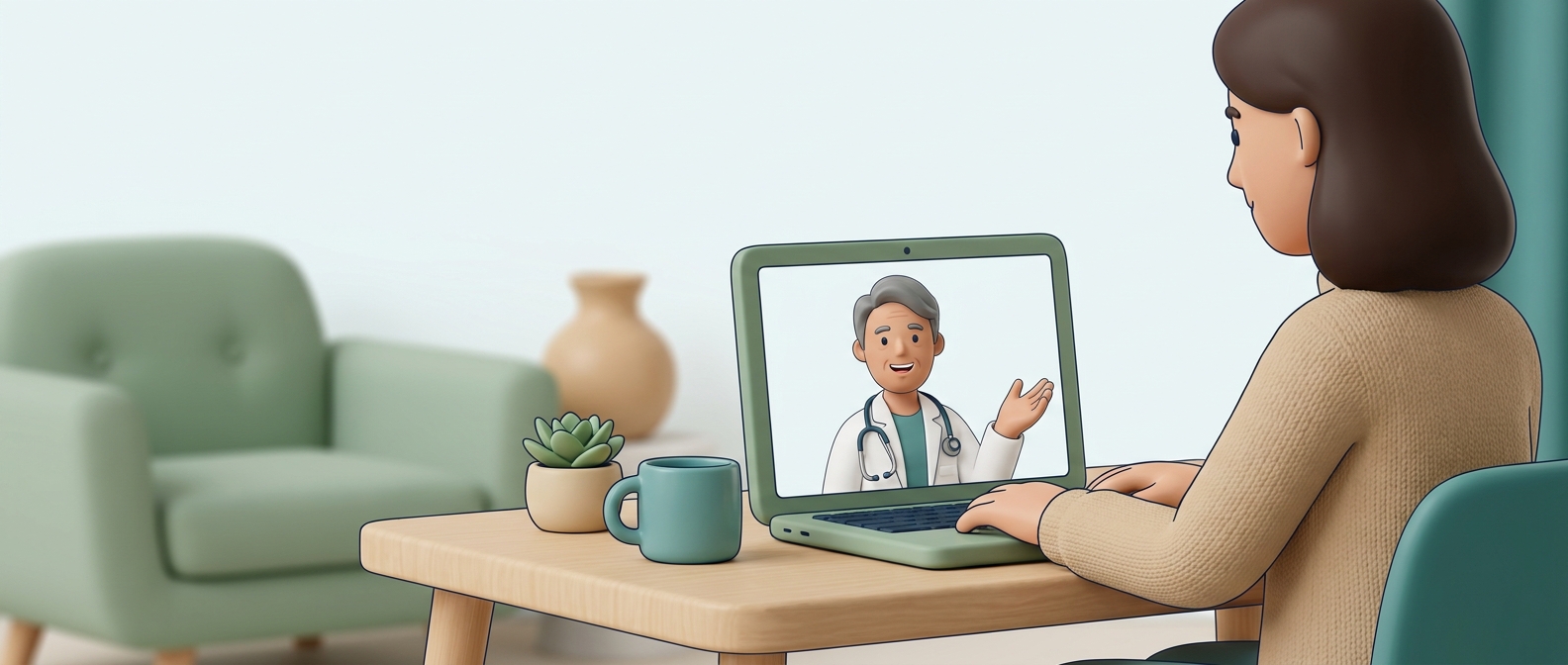 Illustration 3D d'une personne en téléconsultation vidéo avec un médecin bienveillant à l'écran, symbole d'une relation de soin à distance