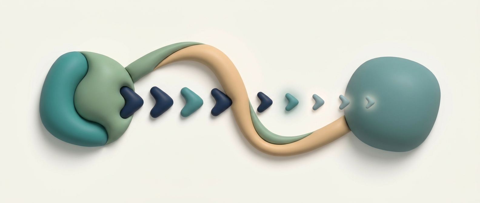 Illustration 3D symbolique d'un signal qui s'affaiblit progressivement le long d'un chemin entre deux formes arrondies