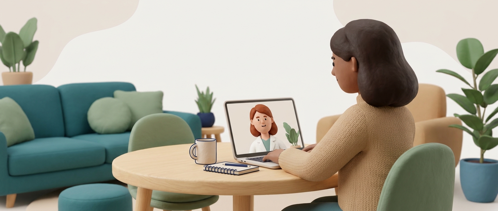 Illustration 3D d'une personne en téléconsultation vidéo à domicile avec un médecin souriant à l'écran