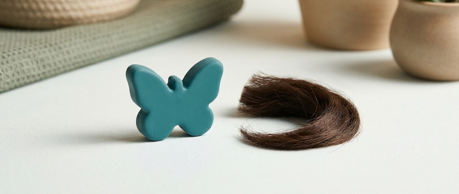 Illustration 3D d'une forme stylisée en papillon évoquant la thyroïde posée à côté d'une mèche de cheveux