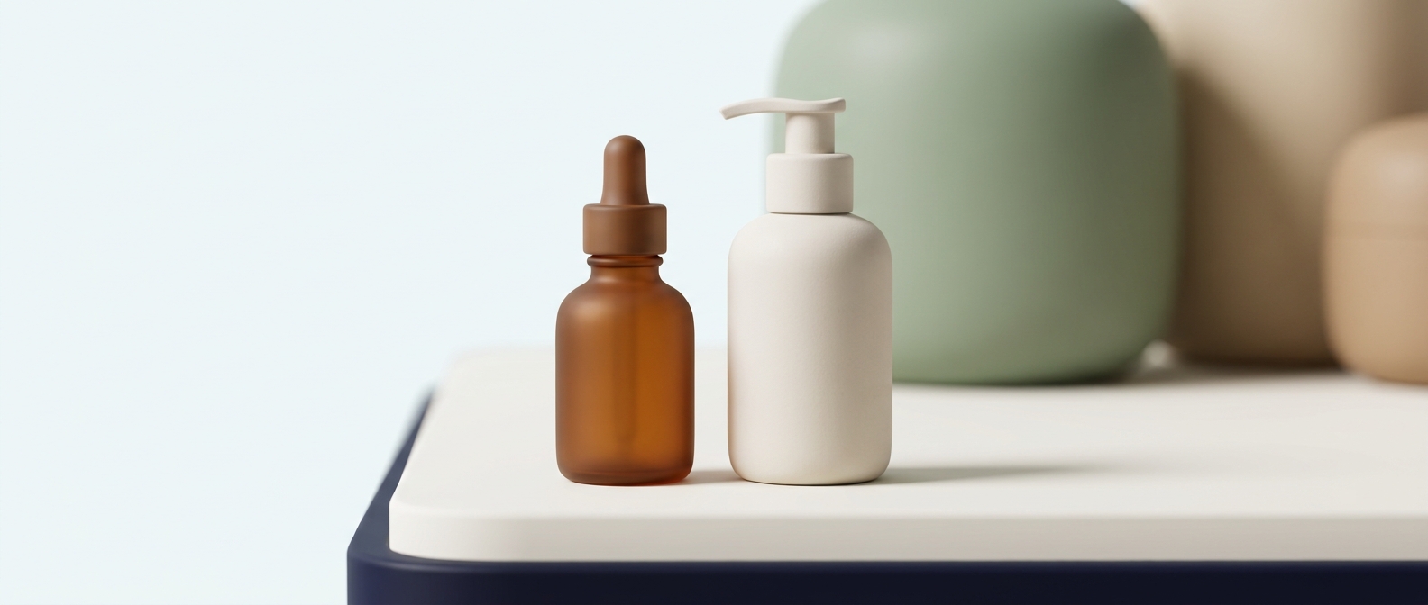 Illustration 3D d'un flacon de sérum cosmétique et d'un flacon de traitement médical placés côte à côte, pour symboliser la différence entre un soin et un médicament