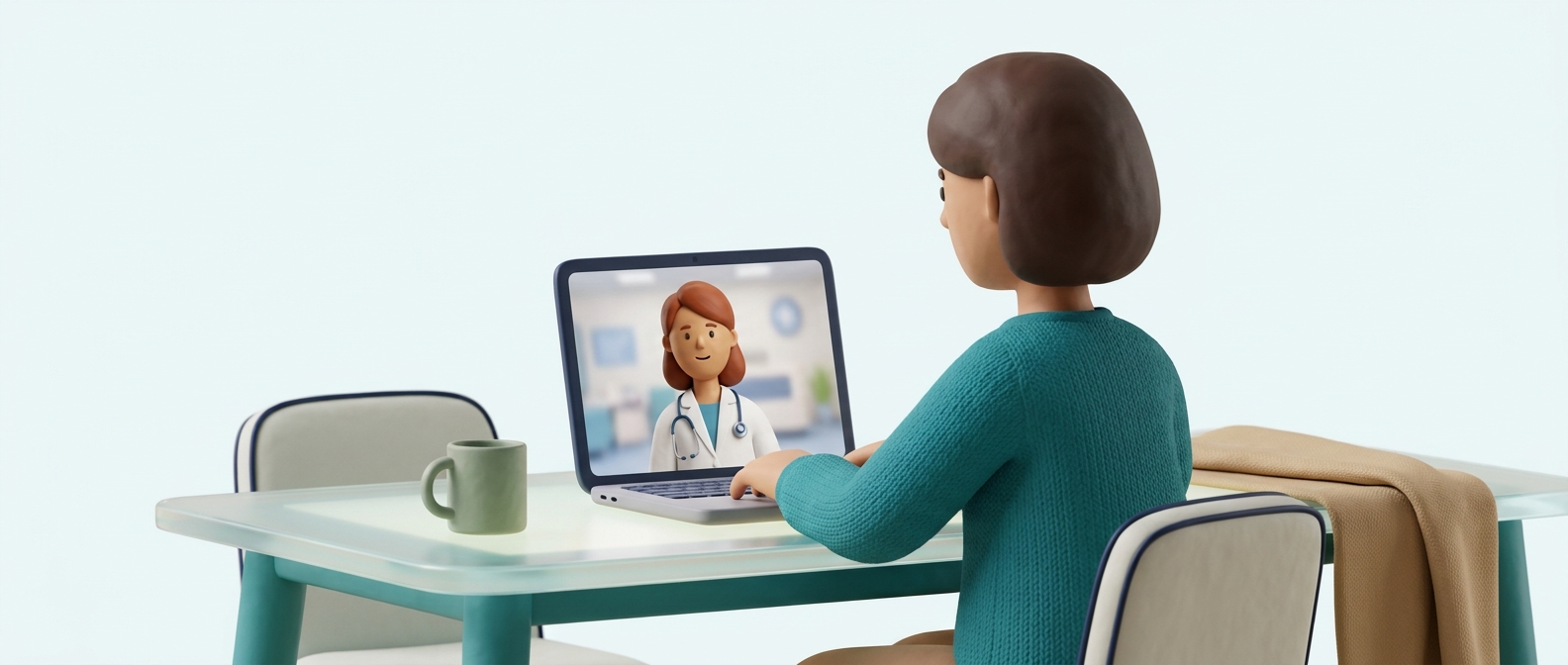Personne en téléconsultation vidéo à domicile avec un médecin souriant à l'écran