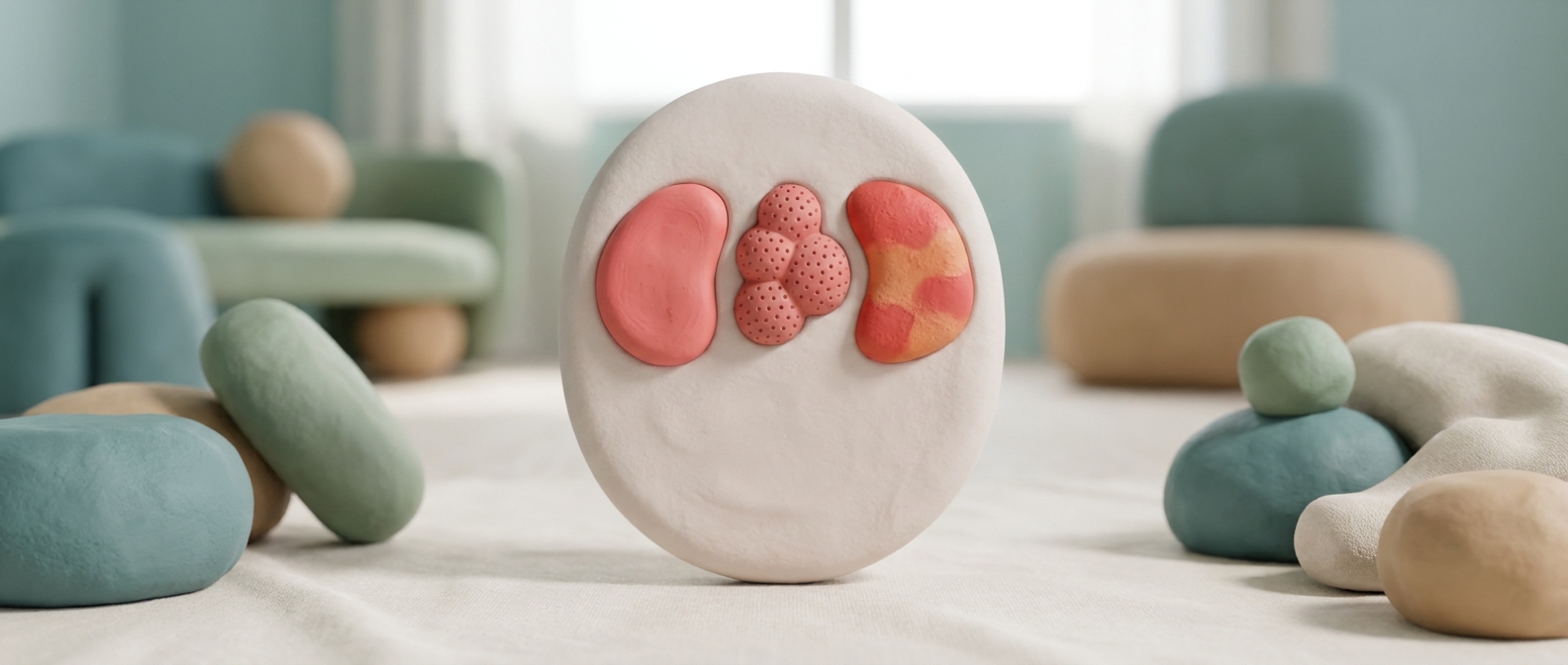 Illustration 3D symbolique abstraite d'un visage stylisé avec trois zones de texture différente, sans portée médicale