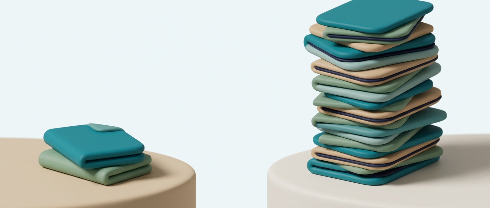 Illustration 3D symbolique d'une petite pile de documents face à une haute pile de documents, évoquant un déséquilibre de preuve scientifique