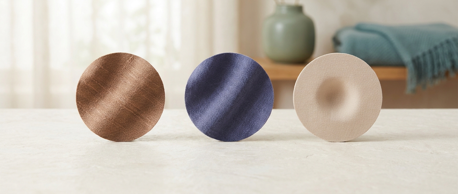 Illustration 3D de trois échantillons côte à côte - brun, bleu-violet et uni avec un creux ombré - symbolisant les trois types de cernes