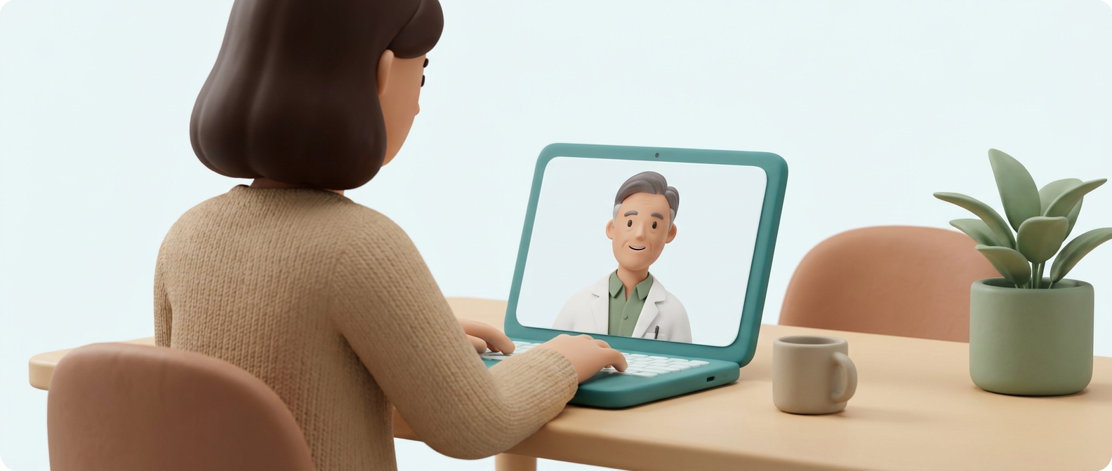 Illustration 3D d'une personne en téléconsultation vidéo à domicile avec un médecin bienveillant