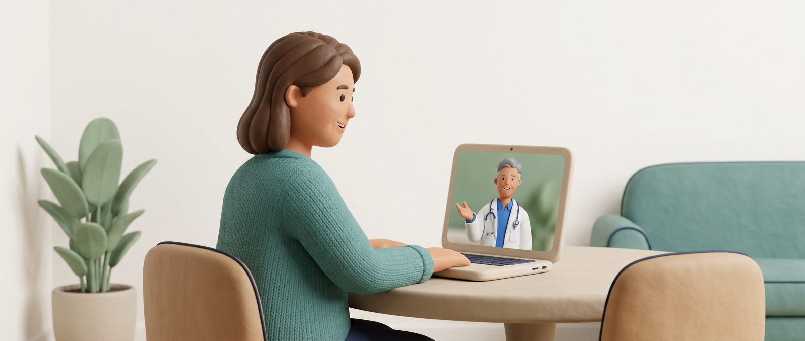 Personne en téléconsultation vidéo à domicile avec un médecin souriant à l'écran
