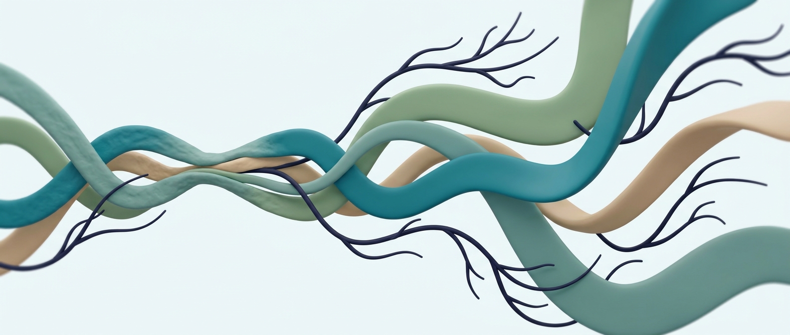 Illustration 3D symbolique d'un réseau de lignes souples représentant des vaisseaux sanguins, resserrées d'un côté et fluides de l'autre, évoquant de façon imagée l'effet du diabète sur la circulation