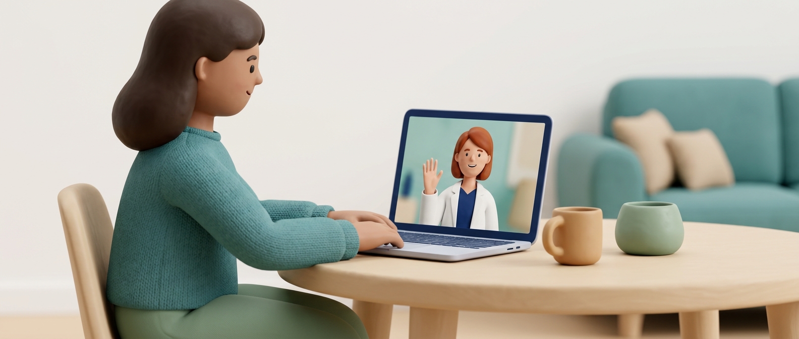 Illustration 3D d'une personne en téléconsultation vidéo avec un médecin bienveillant depuis son domicile
