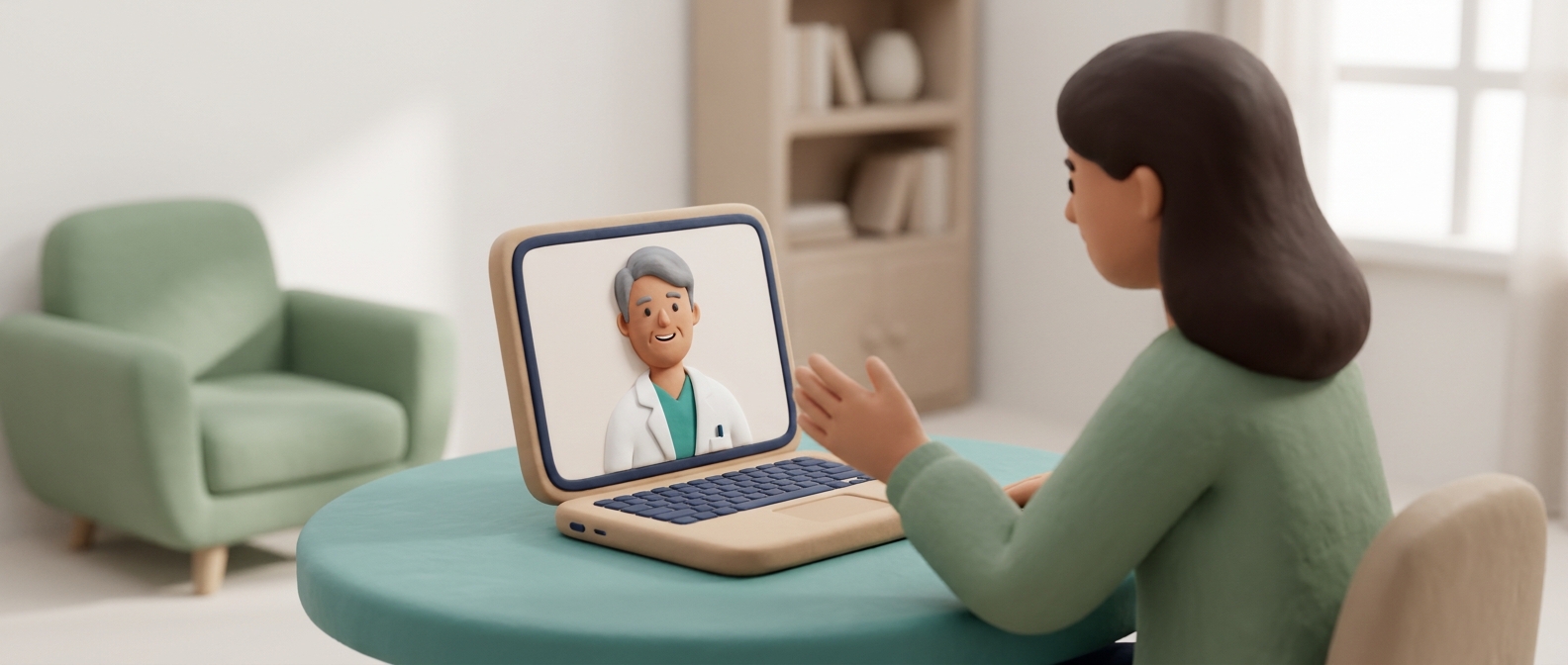 Personne en téléconsultation vidéo à domicile avec un médecin bienveillant, ambiance chaleureuse et rassurante