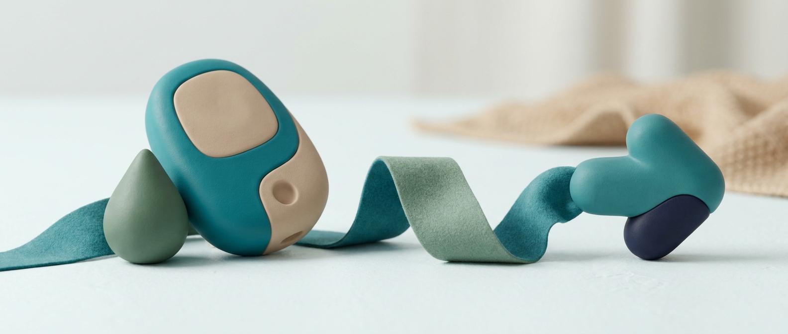Illustration 3D d'un glucomètre symbolique relié par un ruban souple à une forme en flèche évoquant la circulation sanguine, sur fond clair