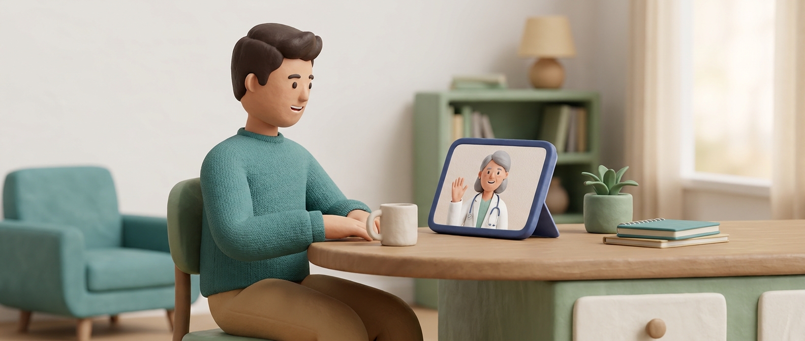 Homme en téléconsultation vidéo à domicile avec un médecin bienveillant, ambiance chaleureuse et rassurante