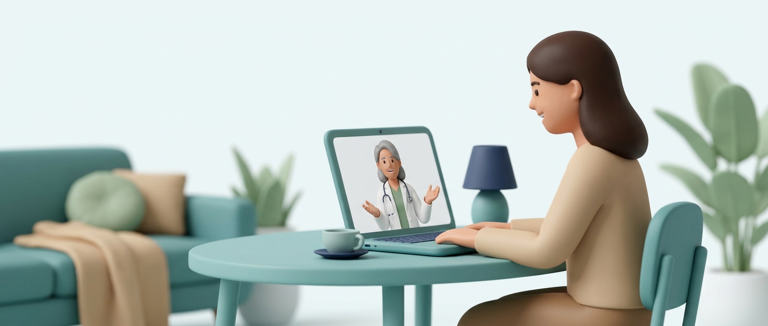 Illustration 3D d'une personne en téléconsultation vidéo avec un médecin souriant et rassurant à l'écran