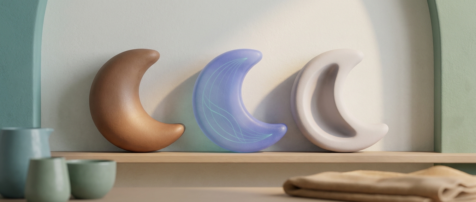 Illustration 3D symbolique d'une forme arrondie déclinée en trois variantes abstraites - brune, bleu-violet et creusée - représentant les trois mécanismes des cernes