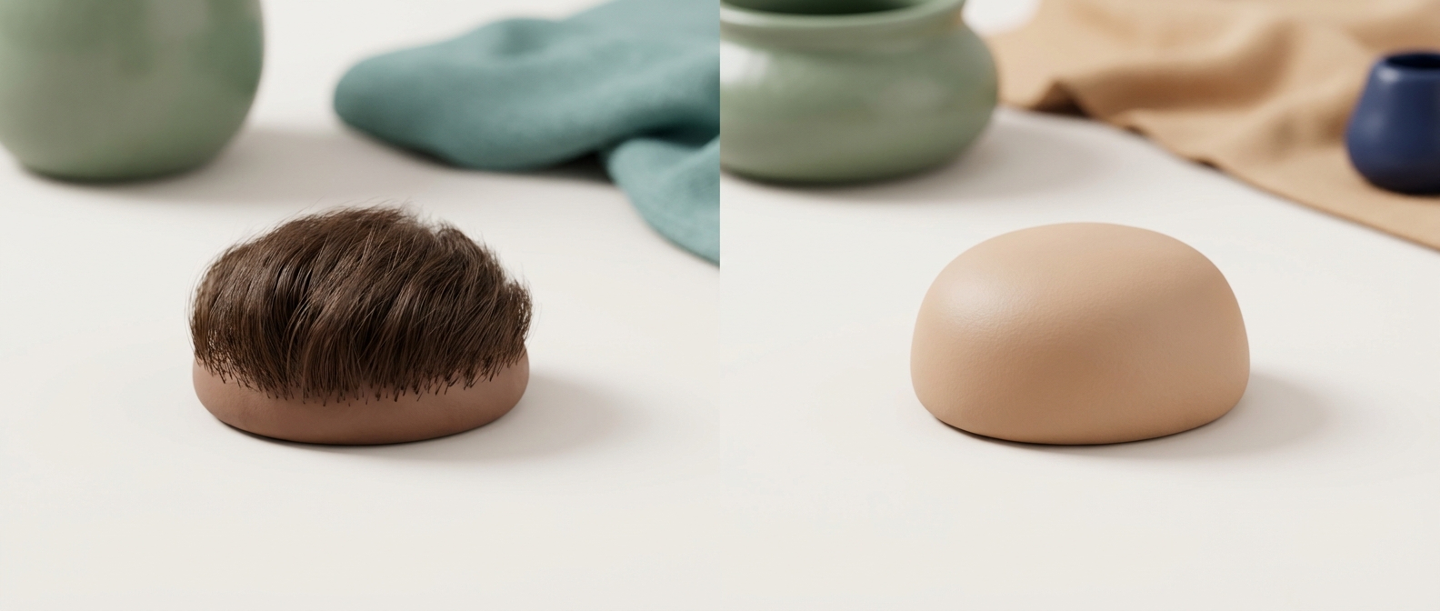 Illustration 3D d'une mèche de cheveux aux racines visibles opposée à une zone lisse sans aucun orifice pileux