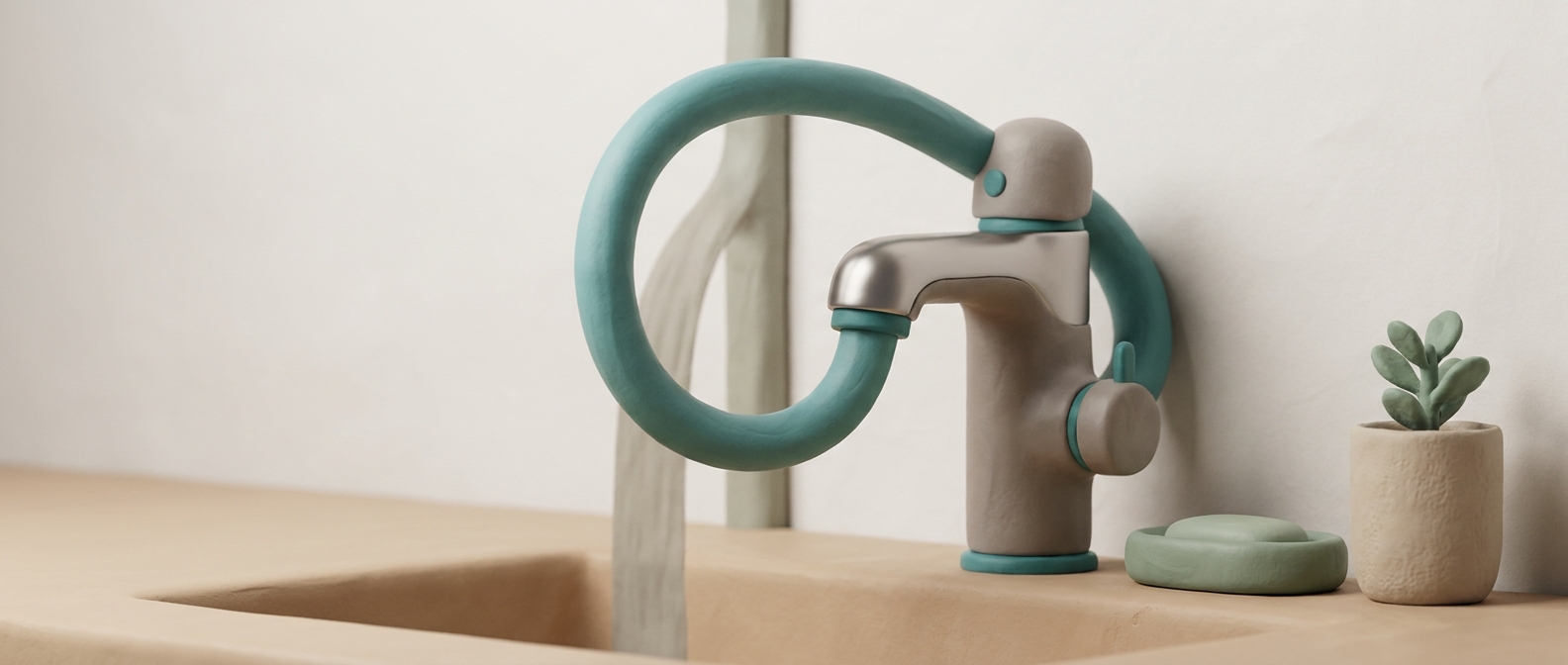 Illustration 3D d'un robinet symbolique dont le filet d'eau se recourbe vers l'arrière au lieu de couler vers l'avant, sur fond clair