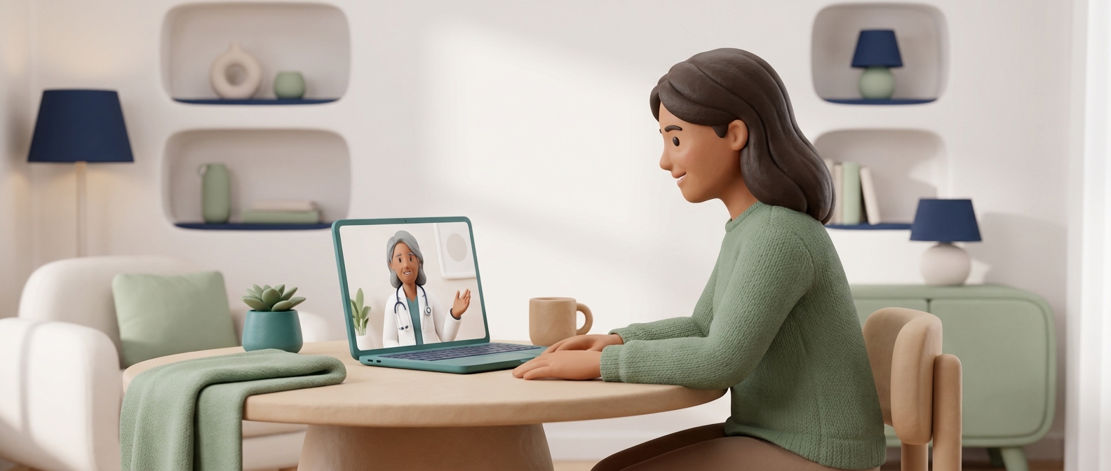 Illustration 3D d'une personne en téléconsultation vidéo avec un médecin bienveillant à l'écran, symbole d'une relation de soin à distance