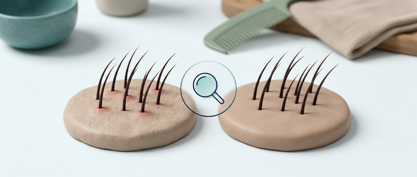 Illustration 3D de deux échantillons ronds de texture de cuir chevelu côte à côte, l'un avec de petits reliefs irrités, l'autre lisse, une loupe symbolique entre les deux