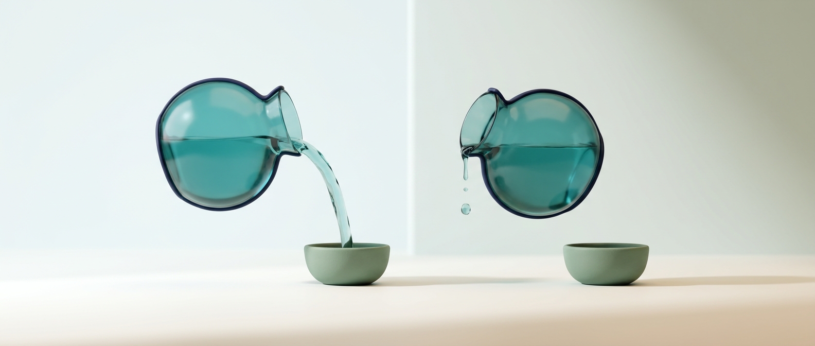 Illustration 3D de deux carafes en verre, l'une versant un filet d'eau régulier, l'autre ne laissant passer que quelques gouttes, symbolisant un délai variable