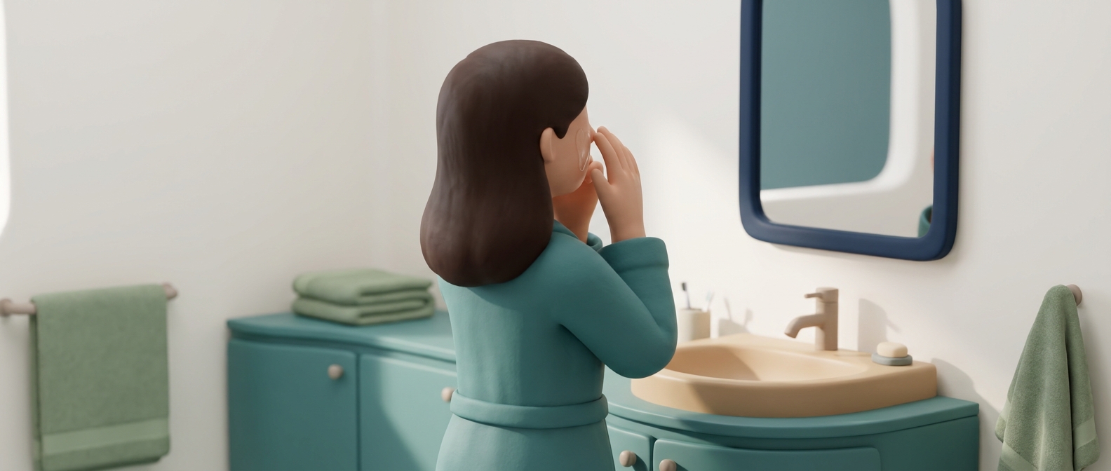 Illustration 3D d'une personne de dos appliquant un soin sur le visage devant un miroir, sans visage identifiable