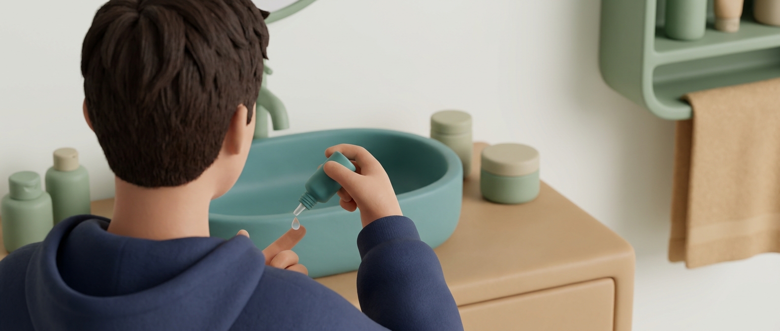 Illustration 3D d'une personne de dos appliquant une goutte de sérum sur son doigt devant un lavabo, sans visage identifiable