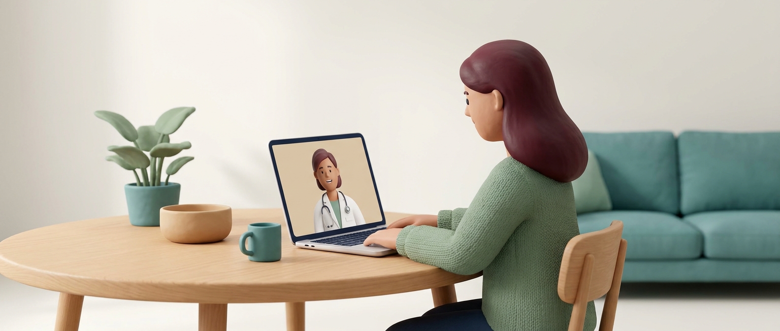 Illustration 3D d'une femme en téléconsultation vidéo avec un médecin, à domicile