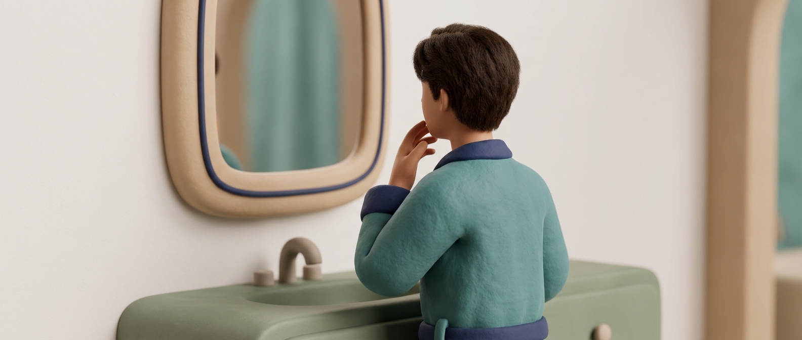 Illustration 3D d'un jeune adulte vu de trois-quarts dos dans une salle de bain, une main effleurant délicatement sa joue, visage non identifiable