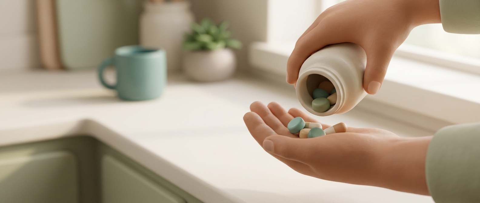 Illustration 3D d'une main versant des gélules et gummies colorés dans sa paume sur un plan de travail de cuisine