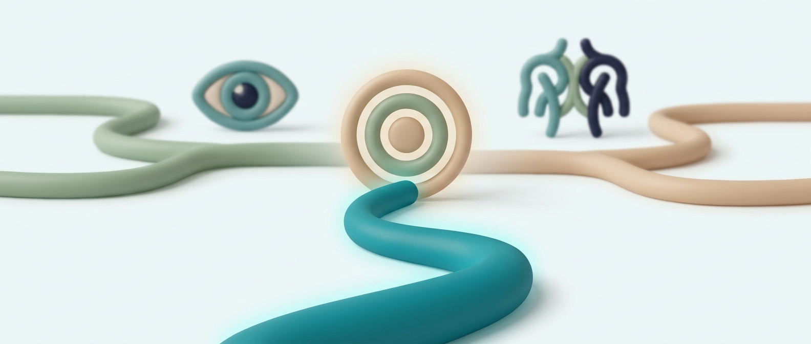 Illustration 3D symbolique d'un chemin lumineux direct vers une cible, à l'écart de formes évoquant un œil et un muscle