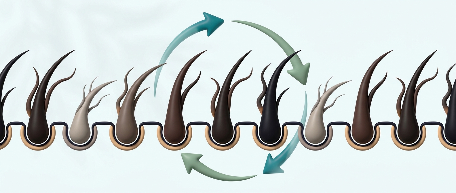 Illustration 3D symbolique de follicules de cheveux évoquant le passage de la phase de croissance à la phase de repos du cycle capillaire