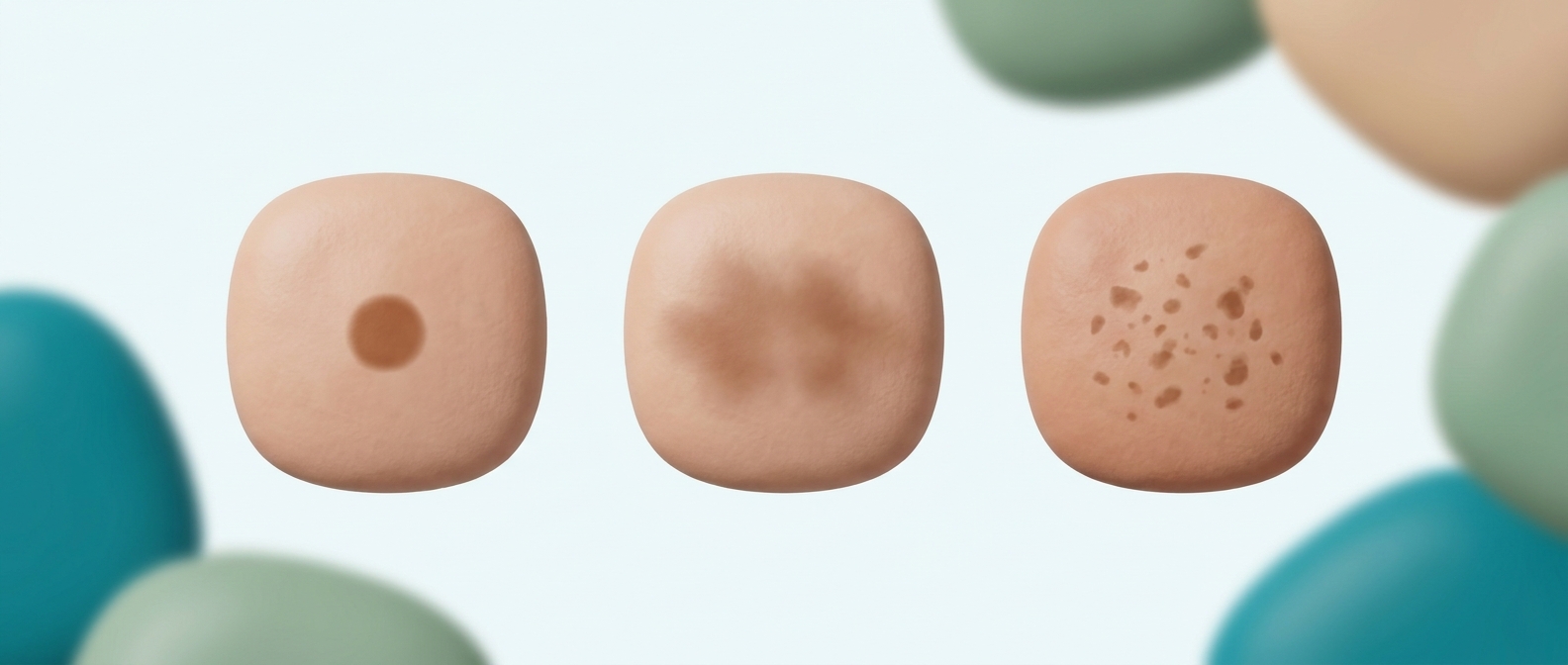Comparaison de trois types de taches brunes : lentigo bien délimité, mélasma diffus et symétrique, hyperpigmentation post-inflammatoire.