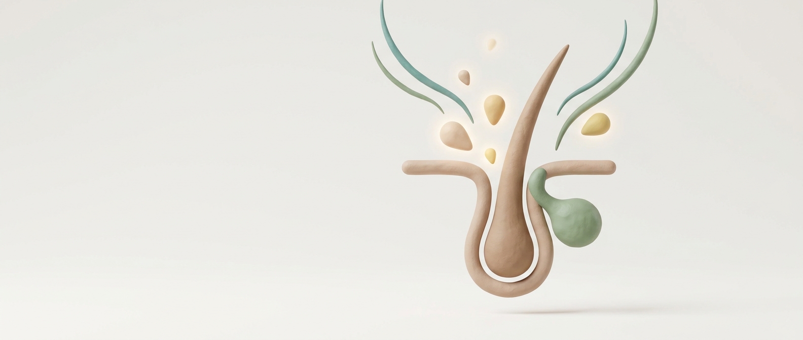 Illustration 3D symbolique d'un follicule pileux et d'une glande sébacée stylisés