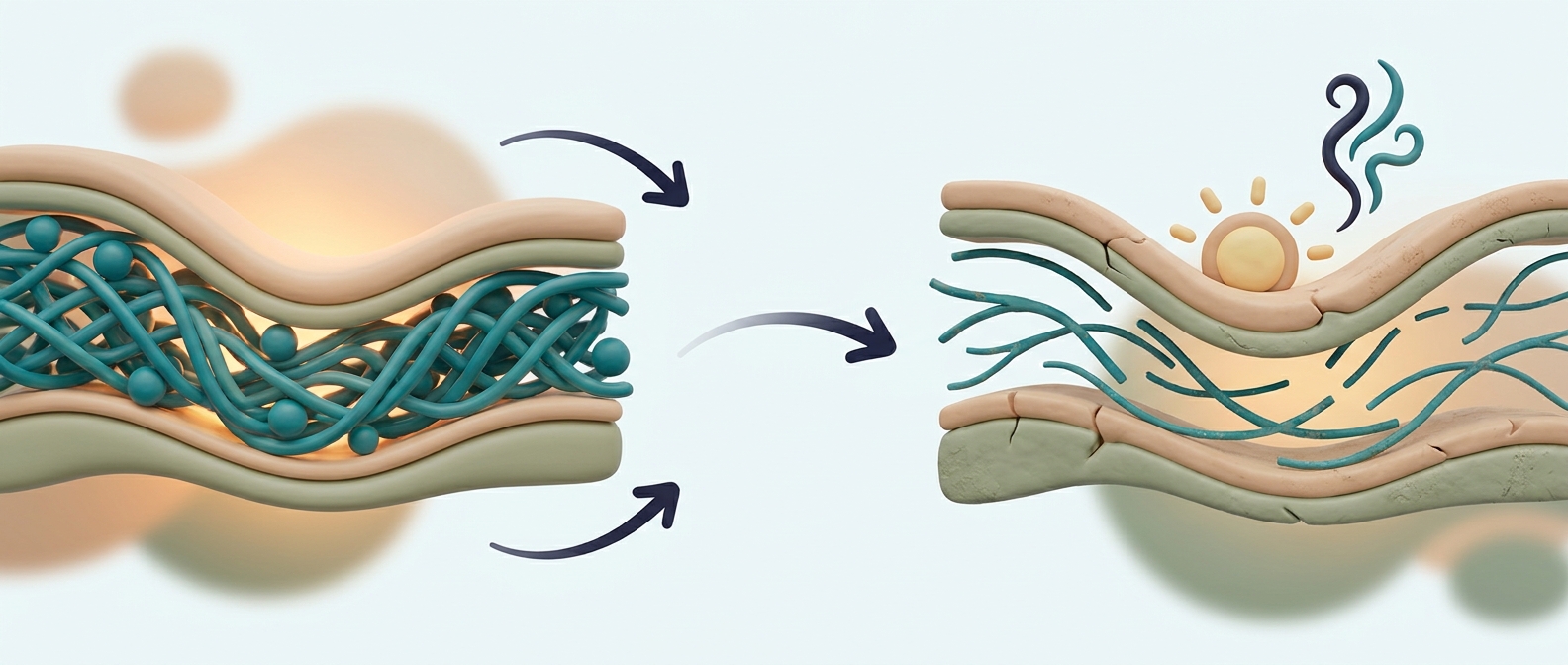 Illustration 3D symbolique de deux coupes de peau, l'une aux fibres denses, l'autre aux fibres plus fines avec un soleil stylisé