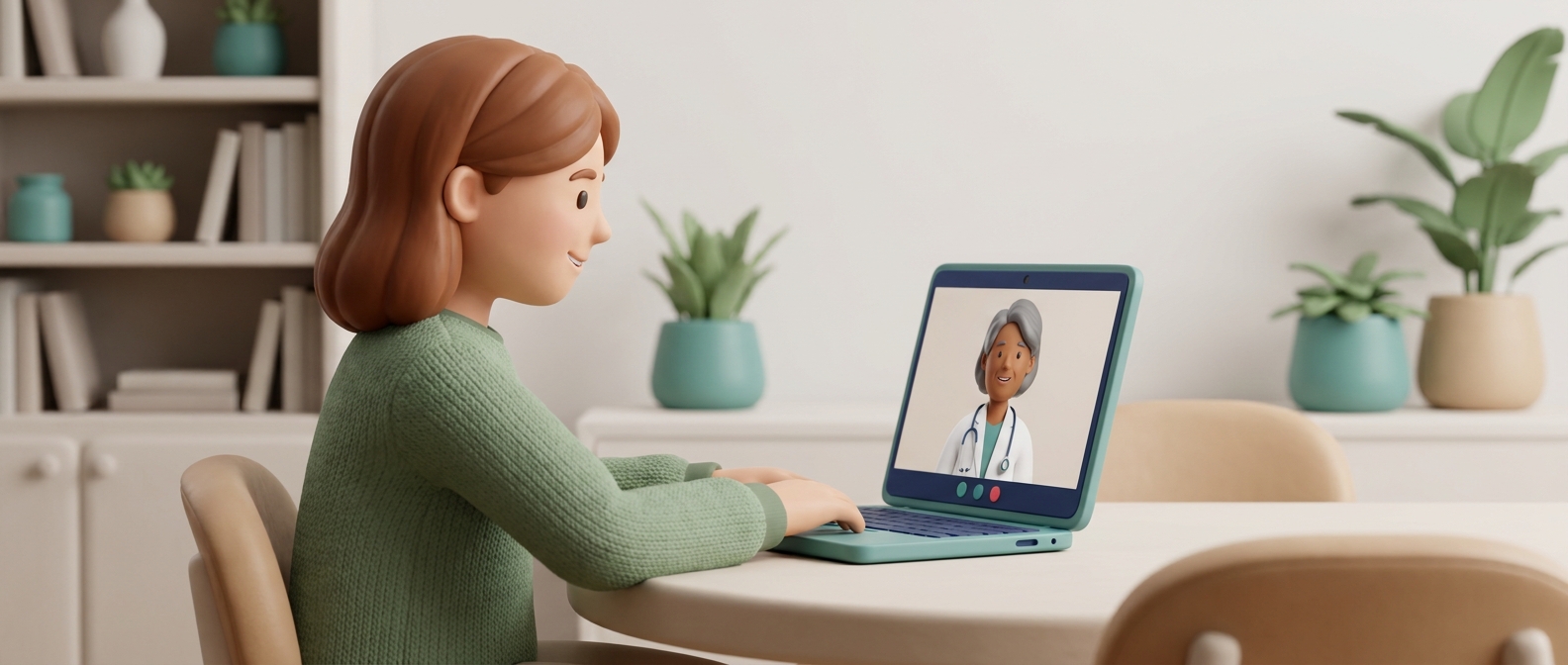 Illustration 3D d'une personne en téléconsultation à domicile avec un médecin bienveillant visible sur l'écran d'un ordinateur portable