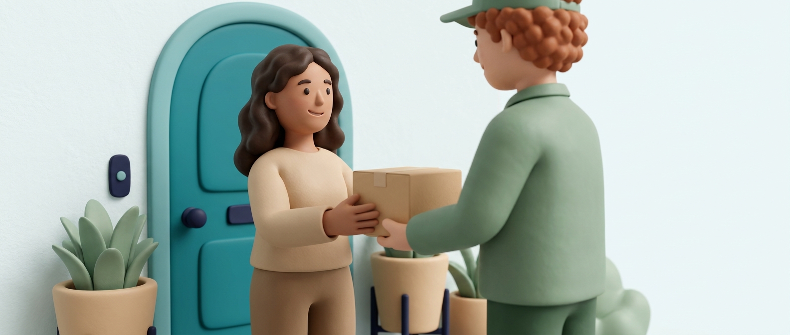 Illustration 3D d'une personne recevant chez elle un colis neutre des mains d'un livreur, dans un moment de confiance