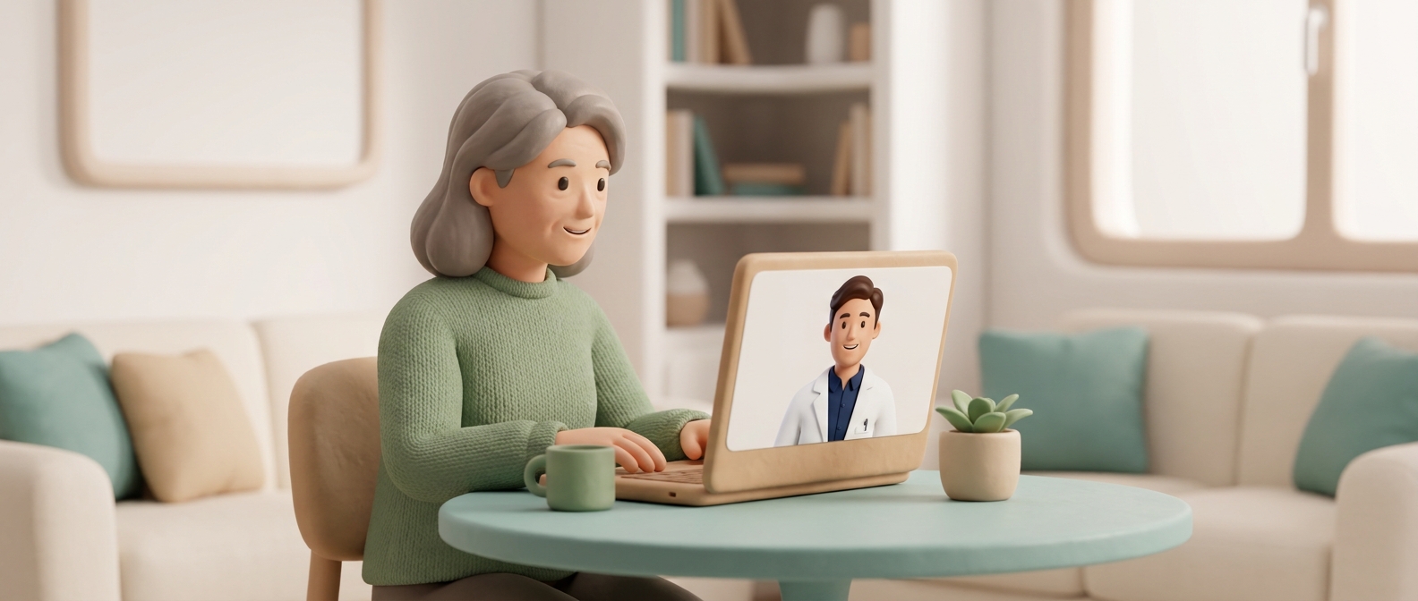 Illustration 3D d'une femme en téléconsultation vidéo à domicile avec un médecin bienveillant