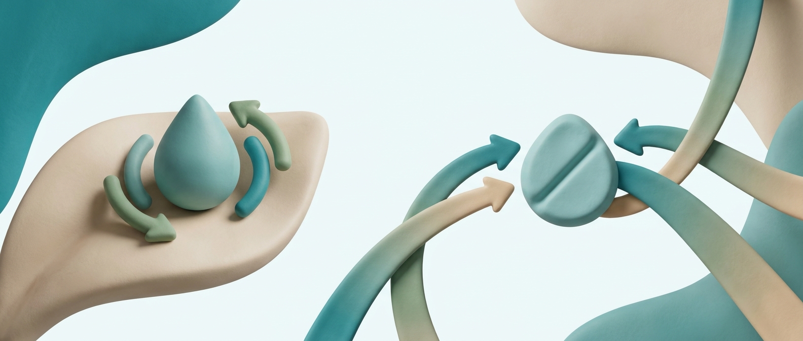 Illustration 3D symbolique comparant une action locale et une diffusion plus large dans l'organisme