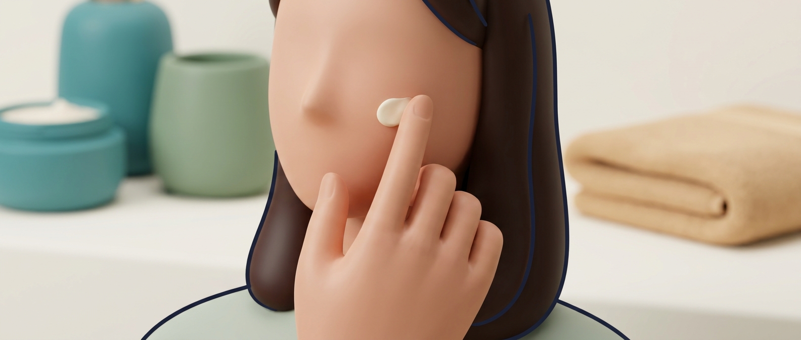 Illustration 3D en gros plan d'une main appliquant une fine touche de crème sur la joue, visage hors cadre