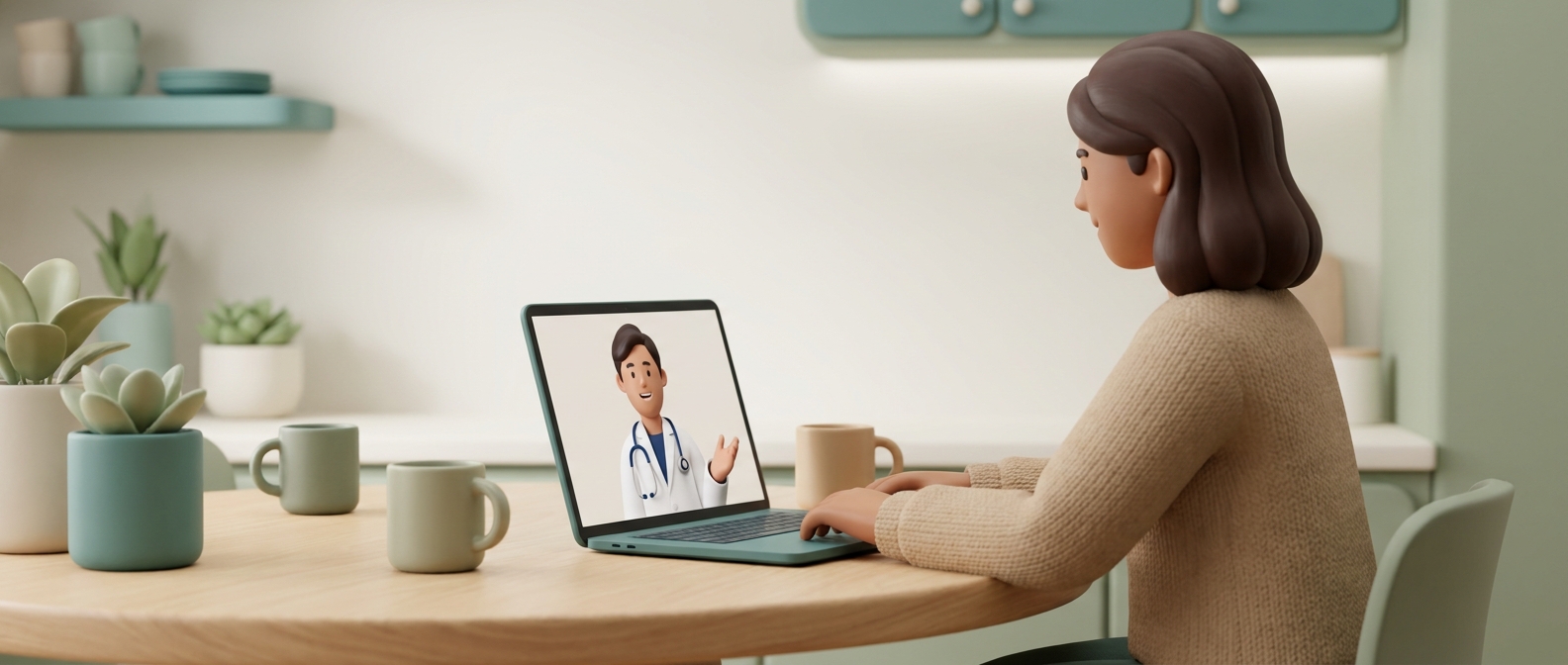Personne en téléconsultation vidéo à sa table de cuisine avec un médecin bienveillant à l'écran
