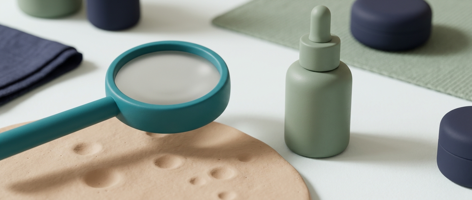 Illustration 3D d'une loupe posée au-dessus d'une surface texturée évoquant la peau, à côté d'un flacon compte-gouttes de traitement, en teal et beige