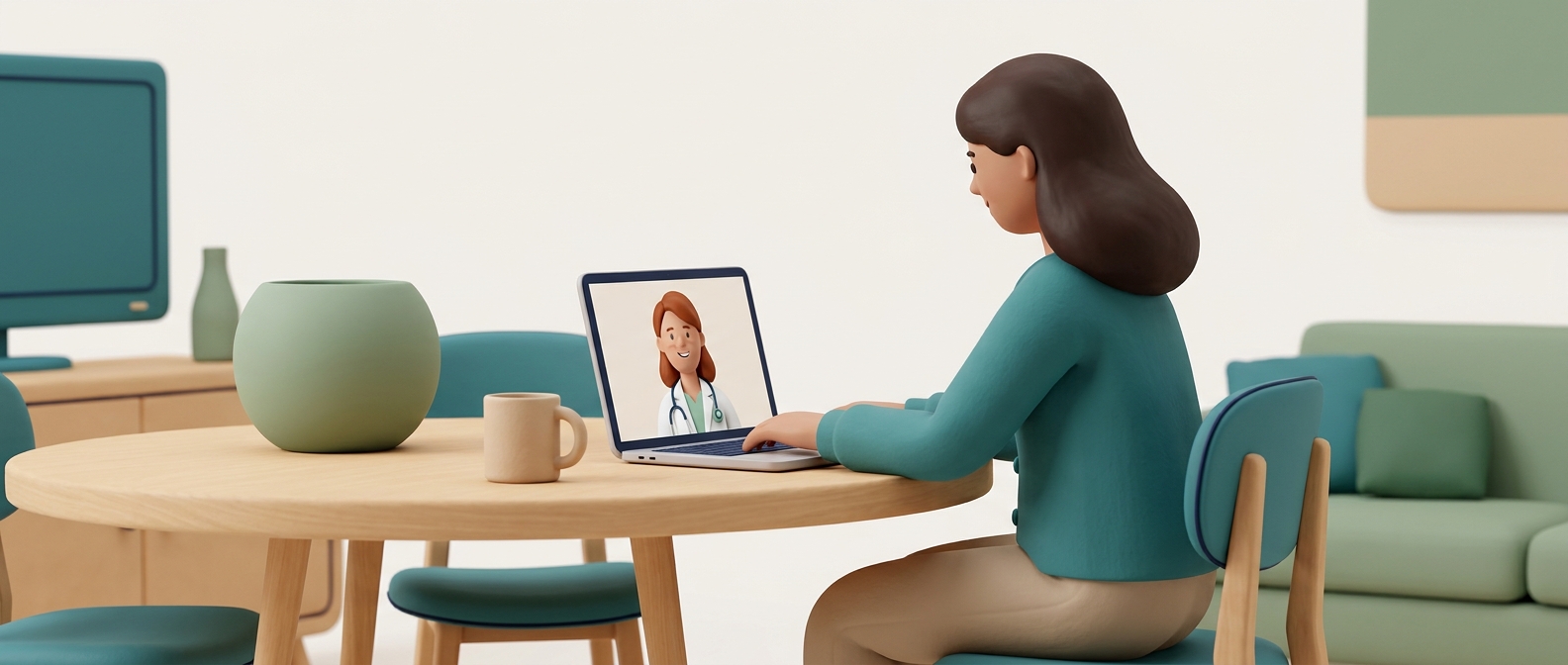 Illustration 3D d'une téléconsultation médicale à domicile, médecin bienveillant visible à l'écran