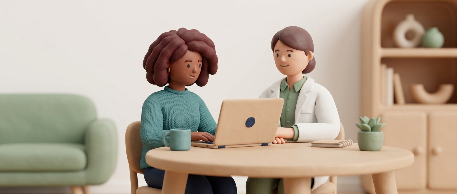 Illustration 3D d'une personne en visioconsultation médicale à domicile avec un médecin souriant à l'écran