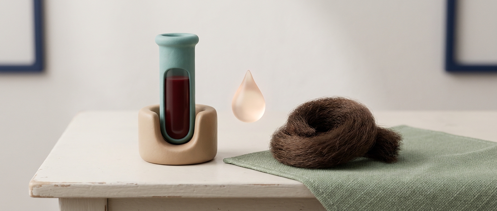 Illustration 3D éditoriale d'un tube de prélèvement sanguin et d'une mèche de cheveux enroulée, reliés par une goutte lumineuse symbolisant le lien entre fer et chute de cheveux