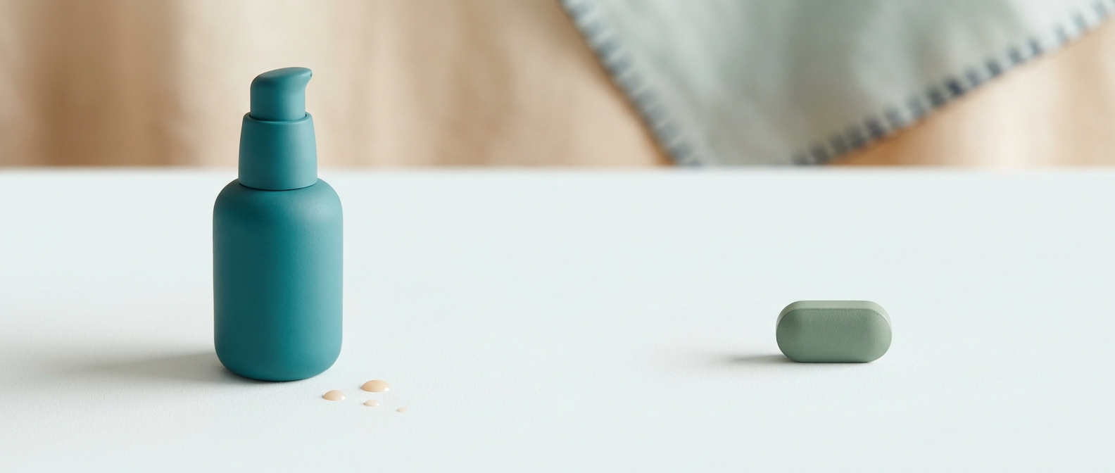 Illustration 3D d'un flacon de soin et d'un comprimé côte à côte, symbolisant le choix entre cosmétique et traitement prescrit pour réguler le sébum