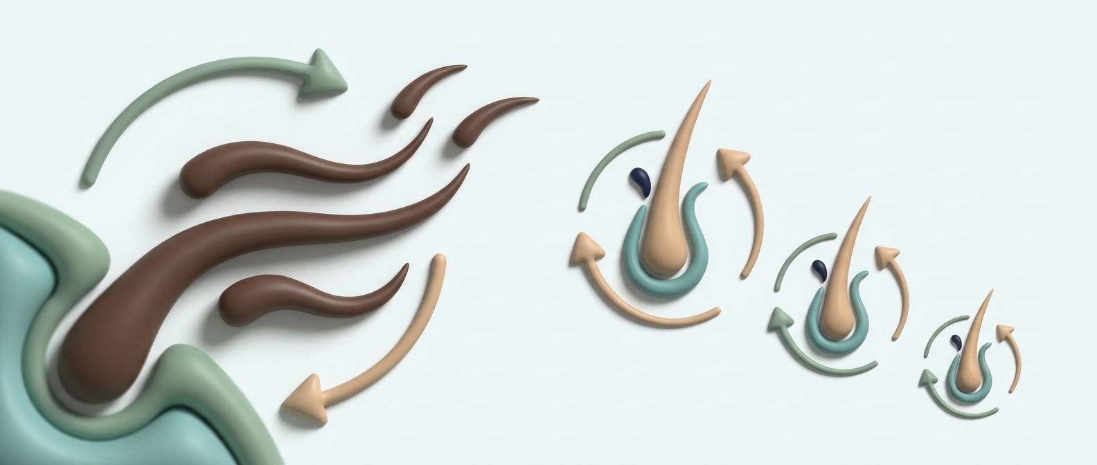 Illustration 3D symbolique d'une chute réactionnelle de cheveux et d'un affinement progressif du follicule au fil du temps