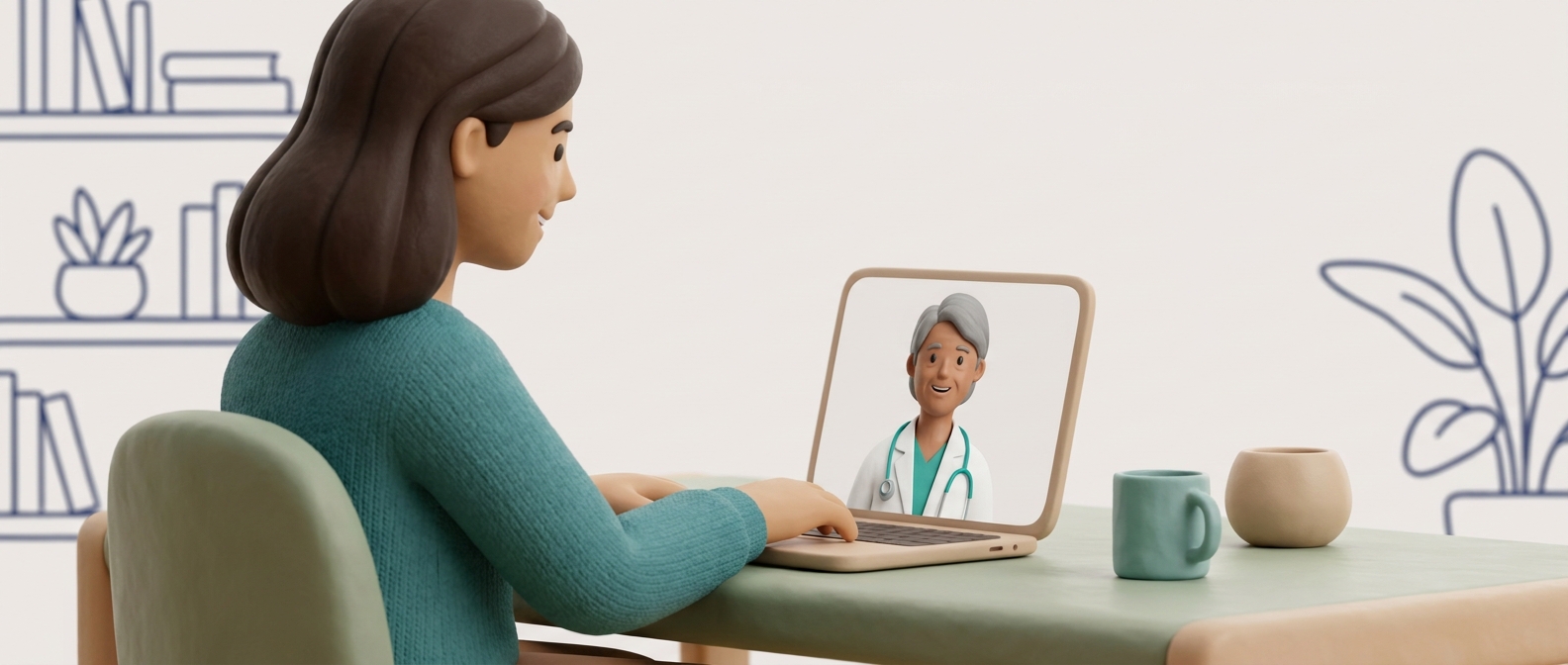 Illustration 3D d'une personne en téléconsultation vidéo à domicile avec un médecin bienveillant visible à l'écran