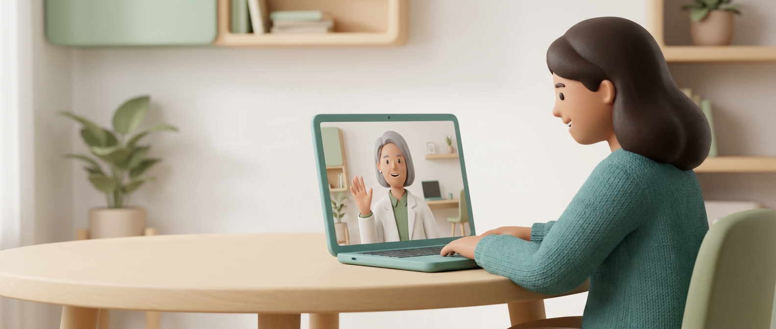 Illustration 3D d’une personne en téléconsultation avec une médecin souriante sur son ordinateur portable