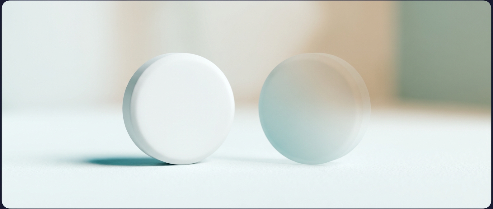 Illustration 3D d'un comprimé net et éclairé à côté d'un second comprimé qui s'estompe, symbolisant une marque disparue