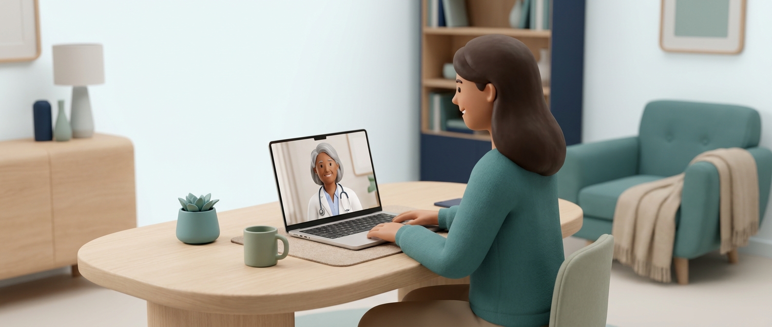 Illustration 3D d'une personne en téléconsultation vidéo à domicile avec un médecin bienveillant à l'écran, style Kernel.