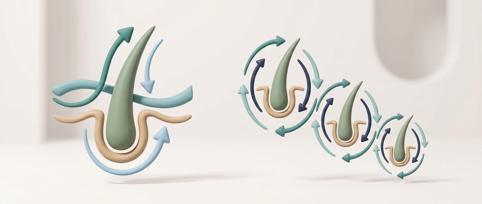 Illustration 3D symbolique : un follicule pileux entouré de flèches de circulation, et le même follicule représenté de plus en plus fin